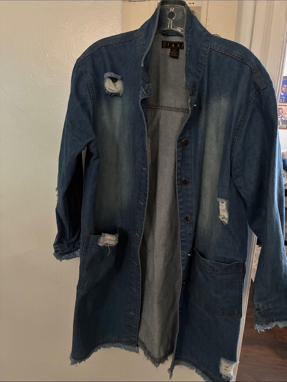 Taxi Brand Distressed Dark Blue Denim Jacket Coat with pockets for Women